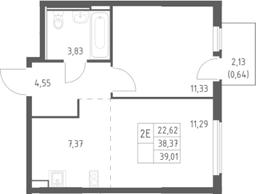 Планировка: Евродвушка 38,4 м² в ЖК «Остафьево»