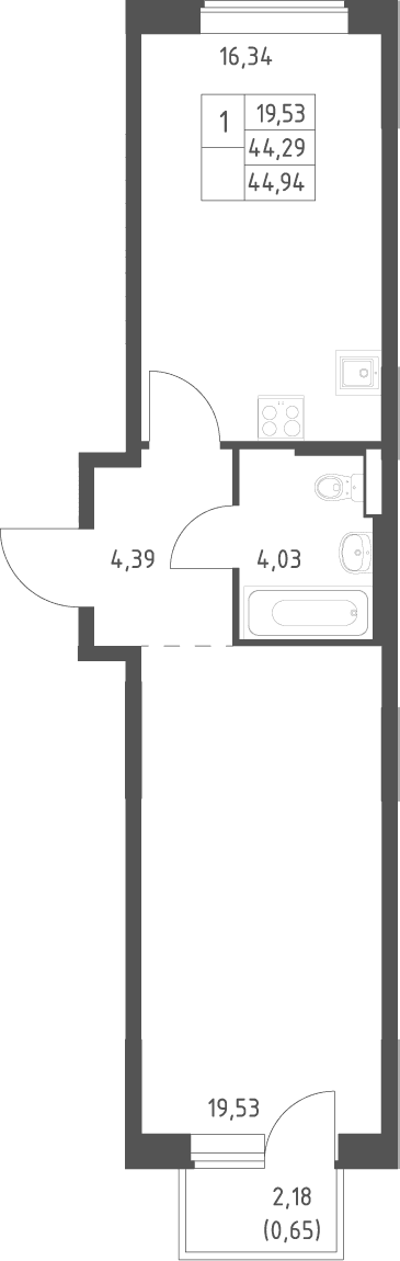 Планировка: Евродвушка 44,3 м² в ЖК «Большое Юрлово»