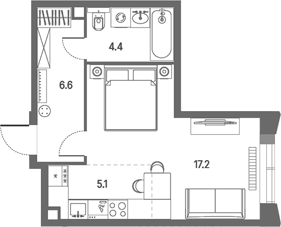 Планировка: Студия 33,3 м² в ЖК «КОД Сокольники»