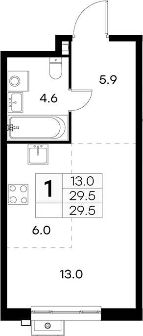 Планировка: Студия 29,5 м² в ЖК «Куркино 15»