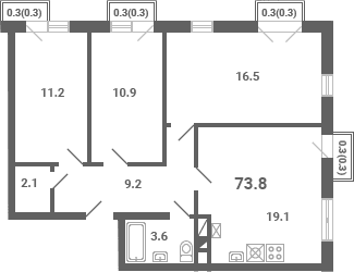Планировка: 3-комнатная квартира 72,6 м² в ЖК «Южная Долина»