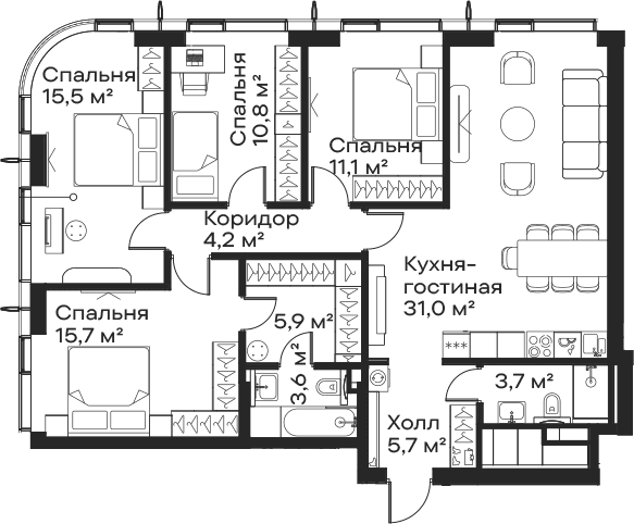 Планировка: Квартира евро-5 107,2 м² в ЖК «Сити Бэй»