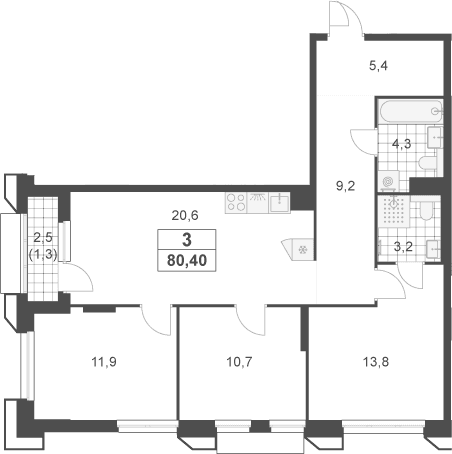 Планировка: Квартира евро-4 79,1 м² в ЖК «Южные сады»