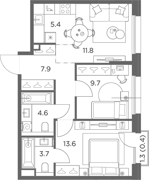 Планировка: Евротрёшка 56,7 м² в ЖК «Станиславский»