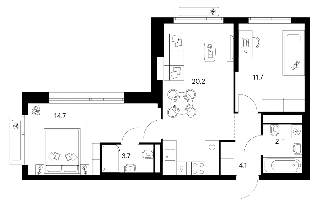 Планировка: 2-комнатная квартира 57,1 м² в ЖК «Зеленый парк»