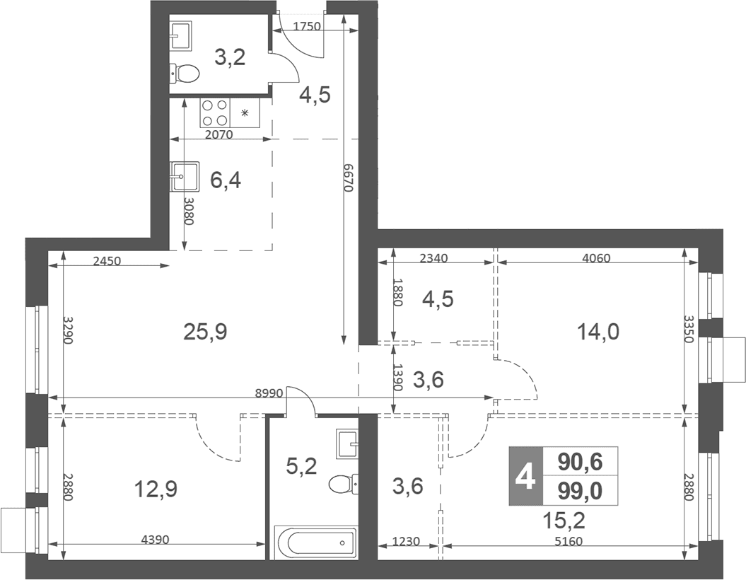 Планировка: Квартира евро-4 99 м² в ЖК «Дубровицы Клаб»