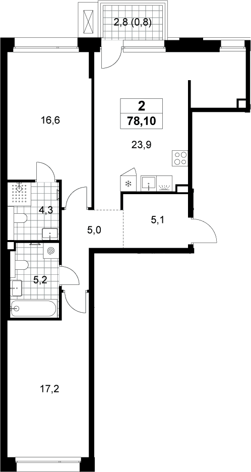 Планировка: Евротрёшка 77,3 м² в ЖК «Хольм»