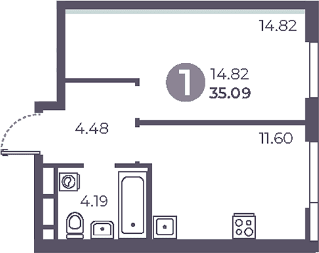 Планировка: 1-комнатная квартира 35,1 м² в ЖК «Нижегородская от Гранель»