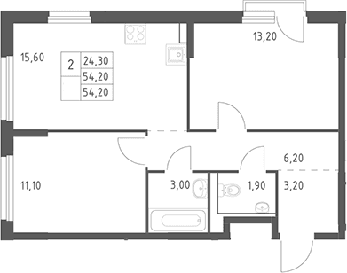 Планировка: Евротрёшка 54,2 м² в ЖК «Химки Парк»