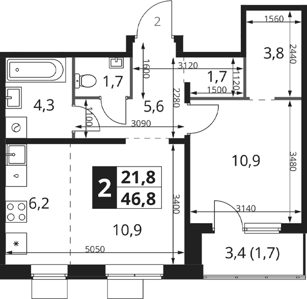 Планировка: Евродвушка 45,1 м² в ЖК «1-й Ясеневский»