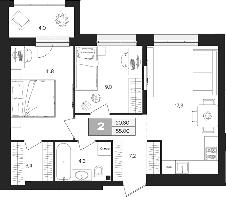 Планировка: 2-комнатная квартира 53 м² в ЖК «Ласточкино»