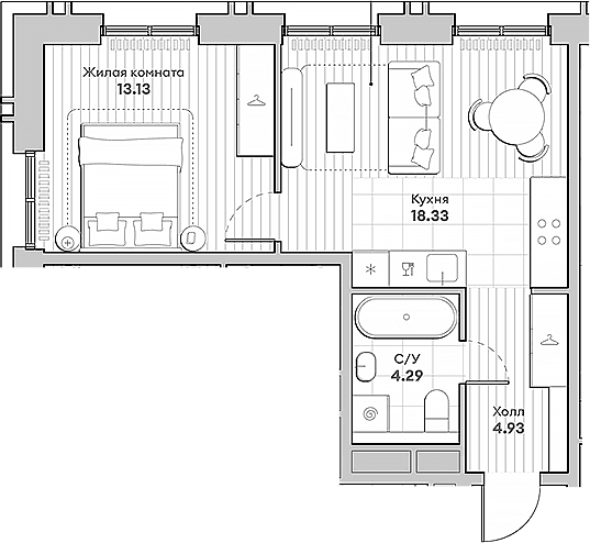 Планировка: 1-комнатная квартира 40,7 м² в ЖК «ИНДИВО»