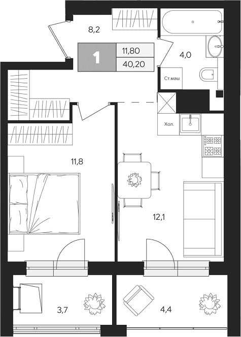 Планировка: 1-комнатная квартира 36,2 м² в ЖК «Ласточкино»