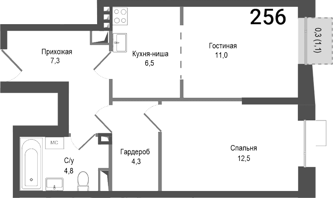 Планировка: Евродвушка 46,4 м² в ЖК «Киноквартал»