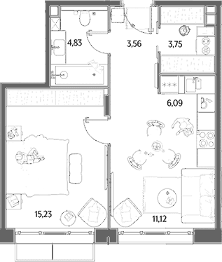Планировка: Евродвушка 44,6 м² в ЖК «МЫС»