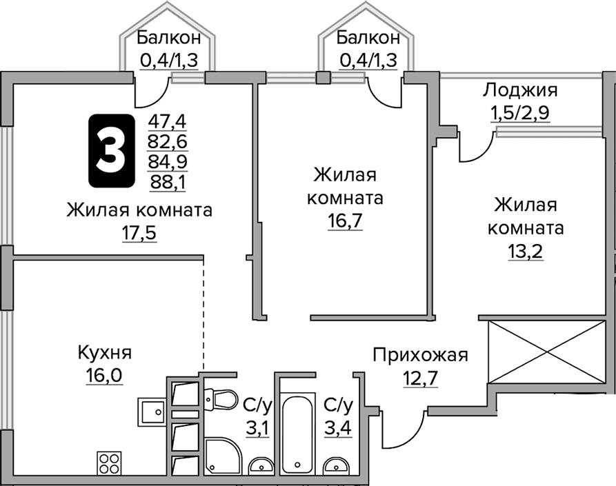 3-комнатная квартира