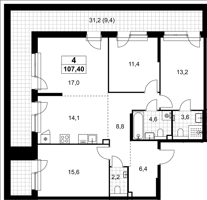 Планировка: Квартира евро-4 96,9 м² в ЖК «Деснаречье»