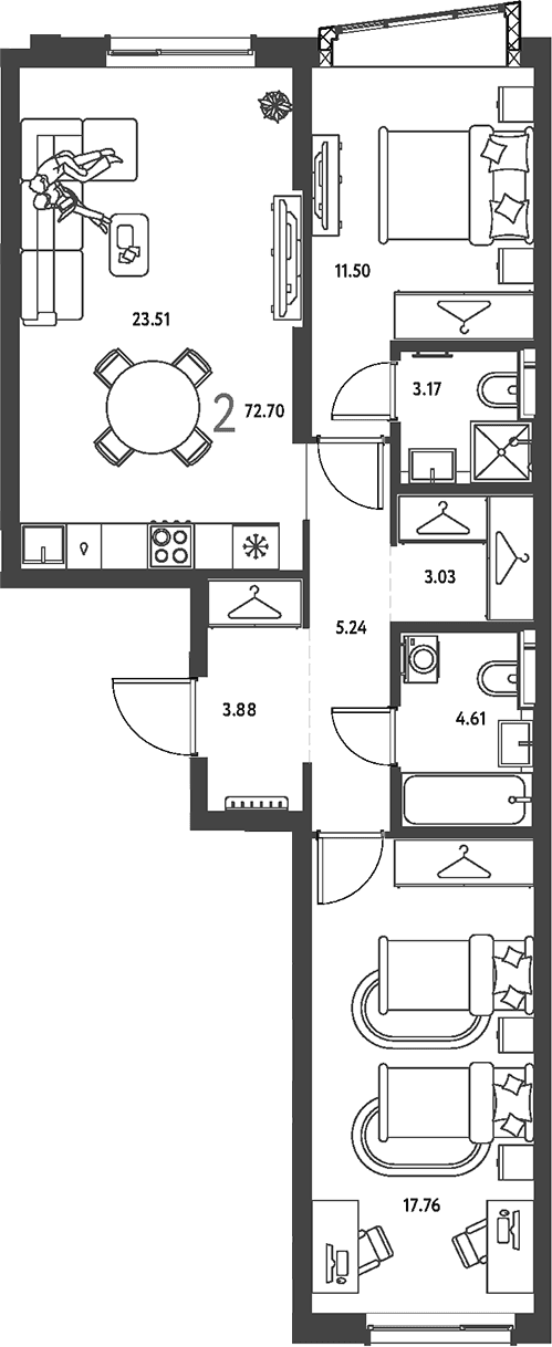 Планировка: 2-комнатная квартира 72,7 м² в ЖК «Страна.Парковая»