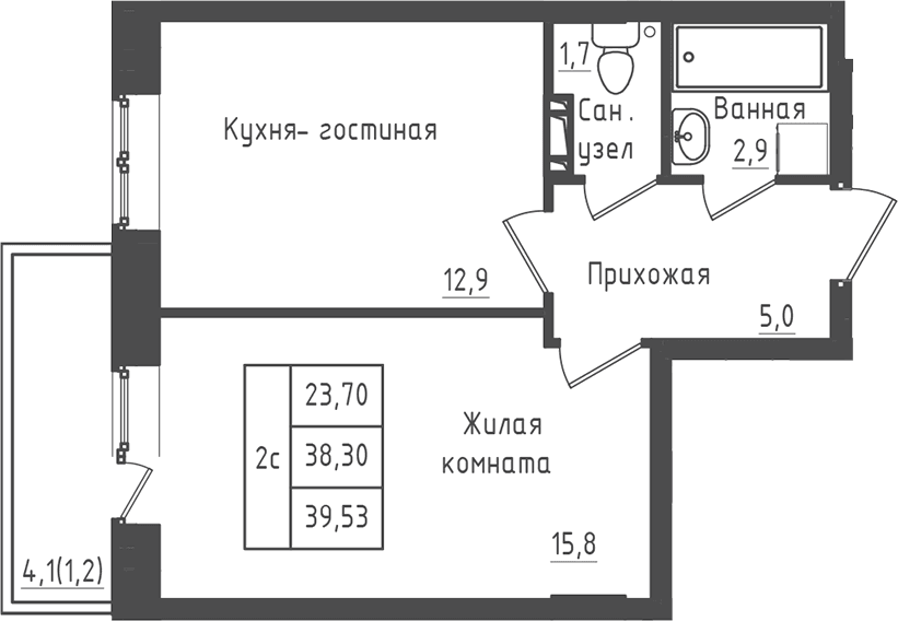 Планировка: 1-комнатная квартира 38,3 м² в ЖК «Зеленый город»