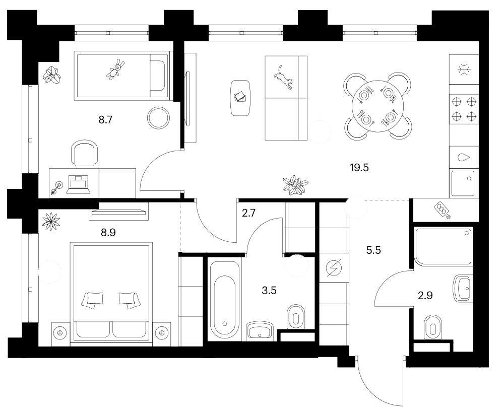 Планировка: 2-комнатная квартира 51,7 м² в ЖК «Зеленый парк»
