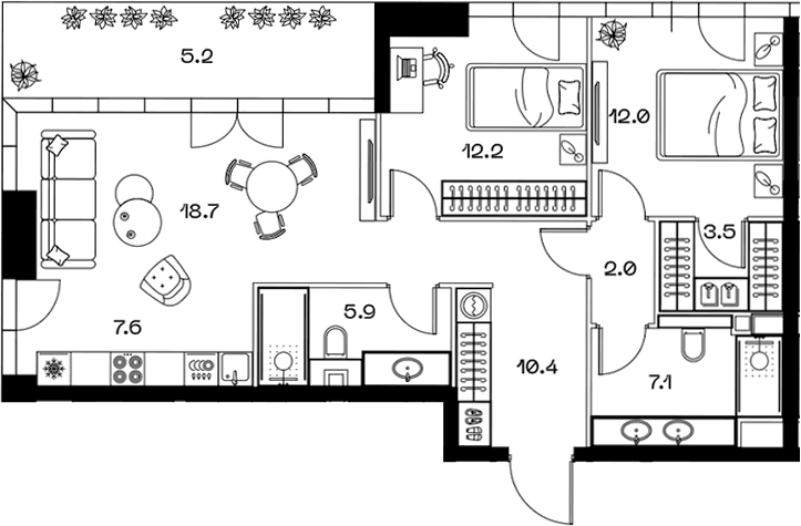 Планировка: Евротрёшка 79,8 м² в ЖК «SHIFT»