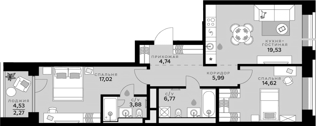 Планировка: Евротрёшка 72,6 м² в ЖК «СберСити»
