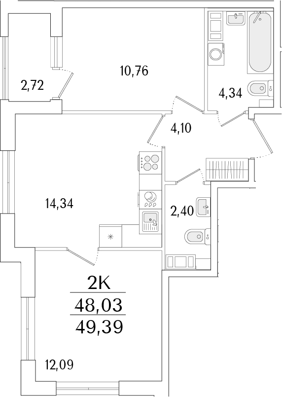 Планировка: 2-комнатная квартира 48 м² в ЖК «Гранат»