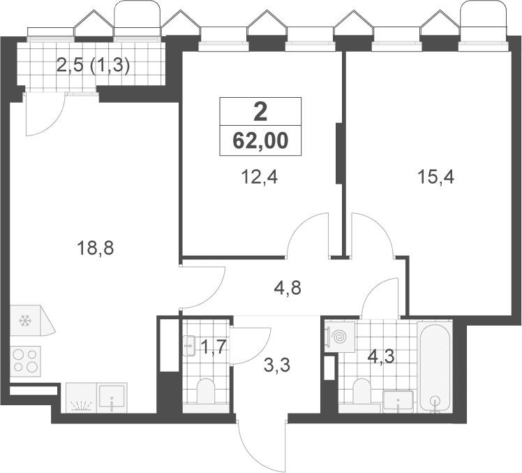 Планировка: Евротрёшка 60,7 м² в ЖК «Деснаречье»