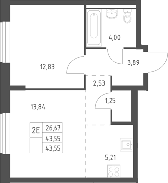 Планировка: Евродвушка 43,6 м² в ЖК «Горки Парк»