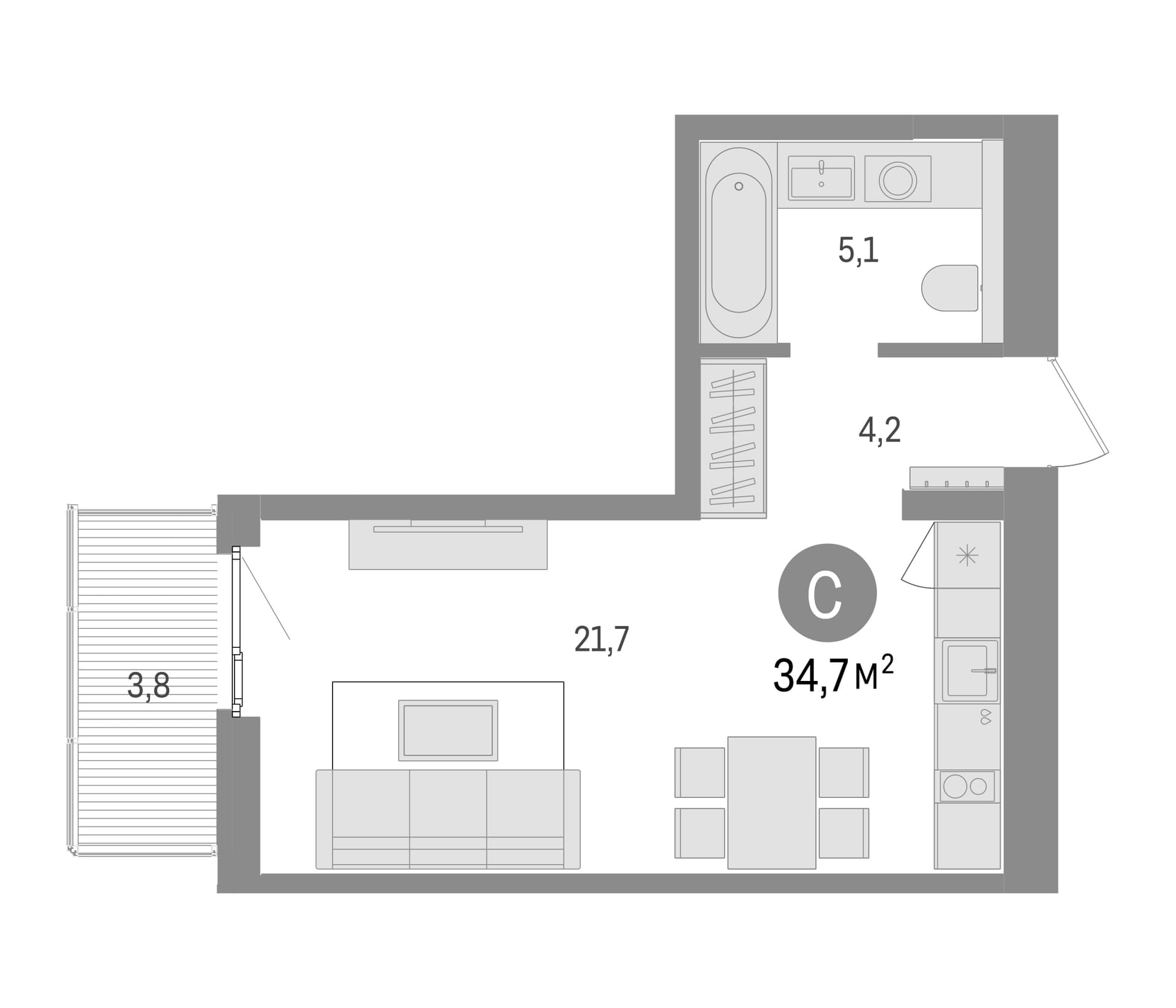Планировка: Студия 31 м² в ЖК «Брусника в Новоселье»