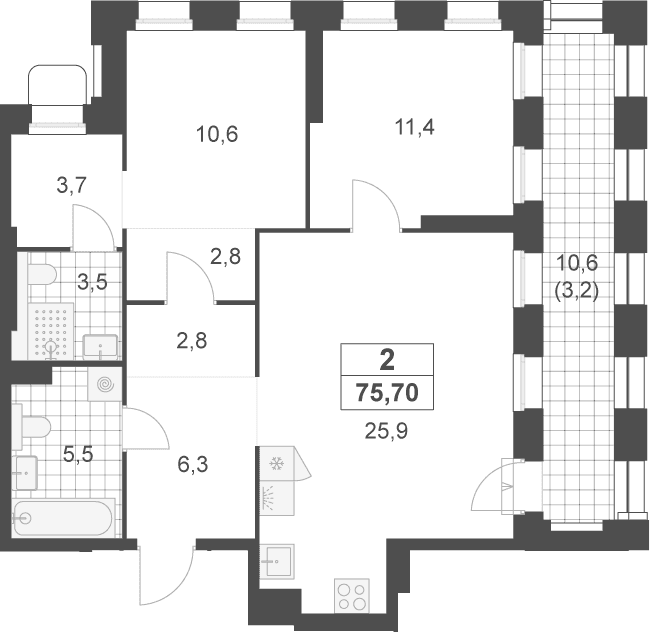 Планировка: Евротрёшка 72,5 м² в ЖК «Деснаречье»