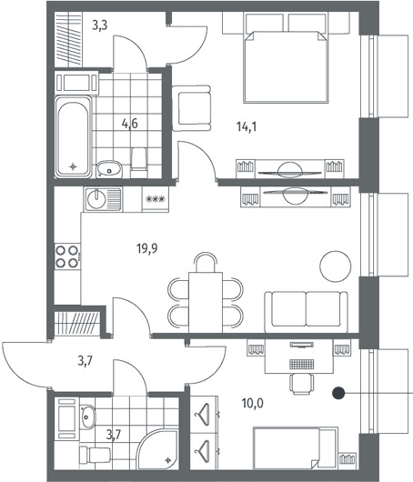 Планировка: Евротрёшка 59,3 м² в ЖК «Парусная 1»