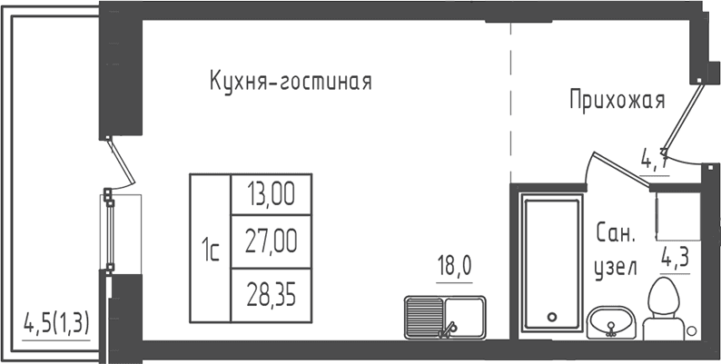 Планировка: Студия 27 м² в ЖК «Зеленый город»