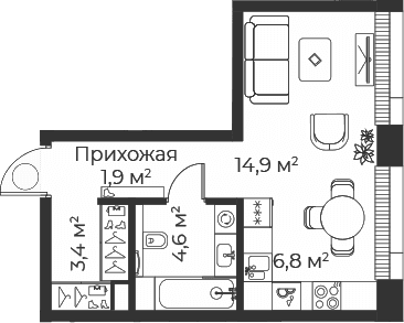 Планировка: Студия 30,9 м² в ЖК «Веер»
