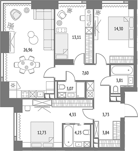 Планировка: Квартира евро-4 97,7 м² в ЖК «Апсайд Тауэрс»