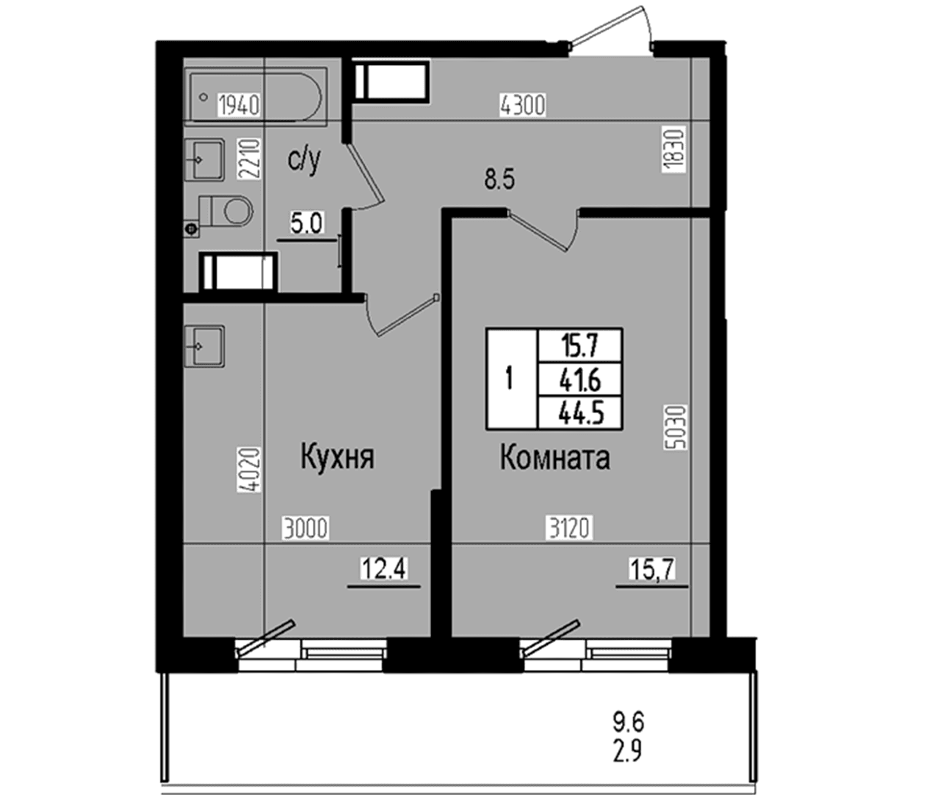 Планировка: 1-комнатная квартира 41,6 м² в ЖК «Прагма Сити»