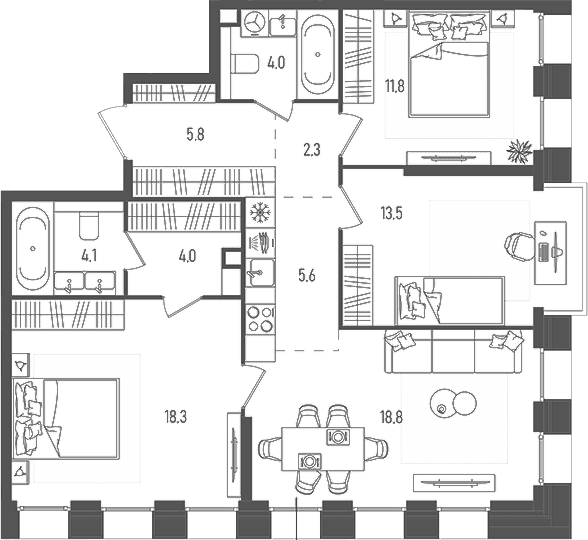 Планировка: Квартира евро-4 88,2 м² в ЖК «Пейв»