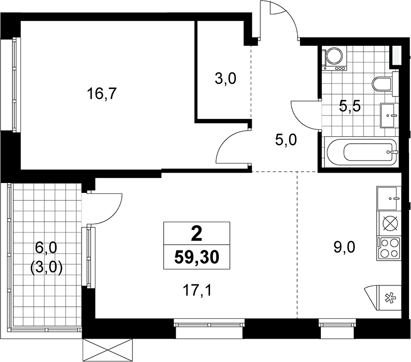 Планировка: Евродвушка 56,3 м² в ЖК «Дзен-кварталы»