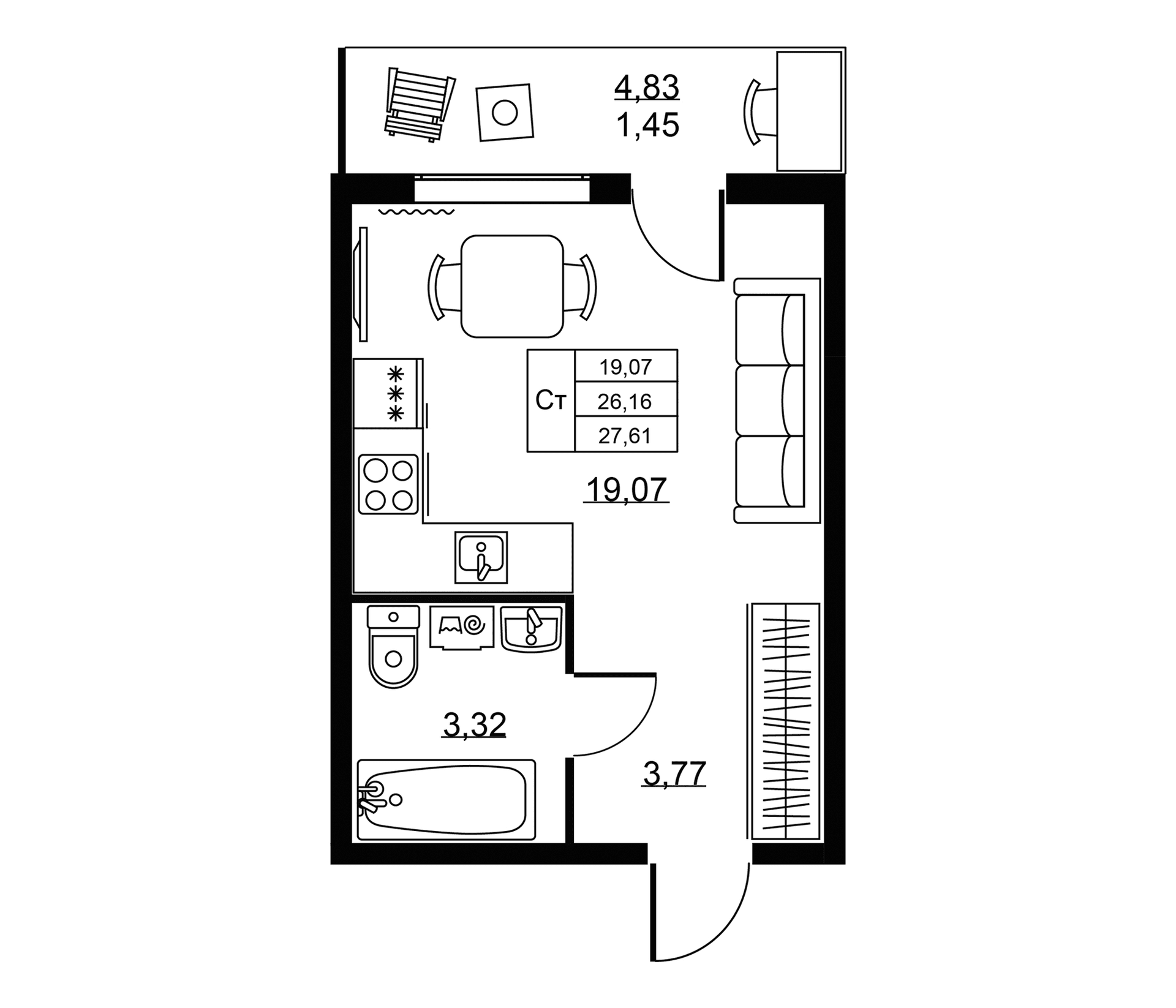 Планировка: Студия 26,2 м² в ЖК «Пулковское, 34»