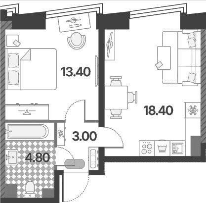 Планировка: Евродвушка 39,6 м² в ЖК «Обручева 30»