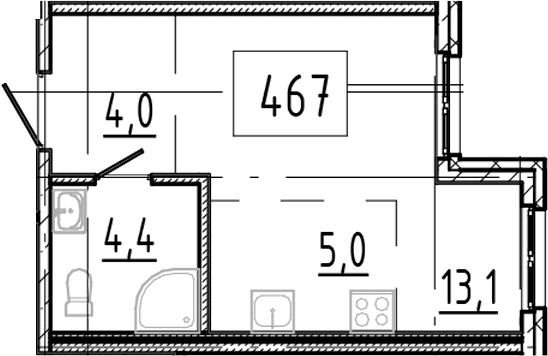 Планировка: Студия 26,5 м² в ЖК «Клюква.Парк»
