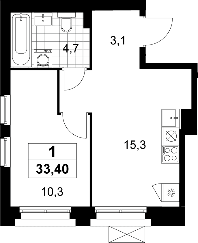 Планировка: Евродвушка 33,4 м² в ЖК «Прокшино»