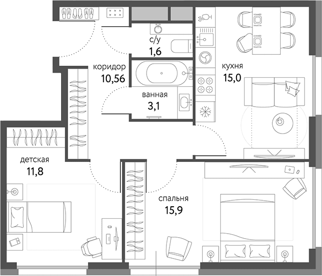 Планировка: 2-комнатная квартира 57,9 м² в ЖК «Сиреневый парк»