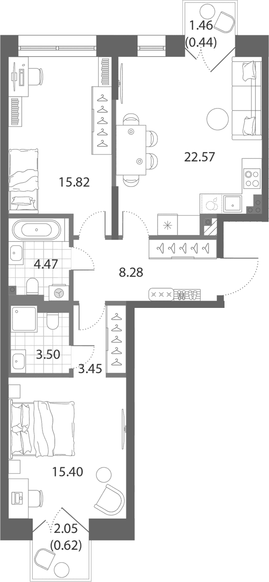 Планировка: Евротрёшка 73,5 м² в ЖК «Нева Арт»
