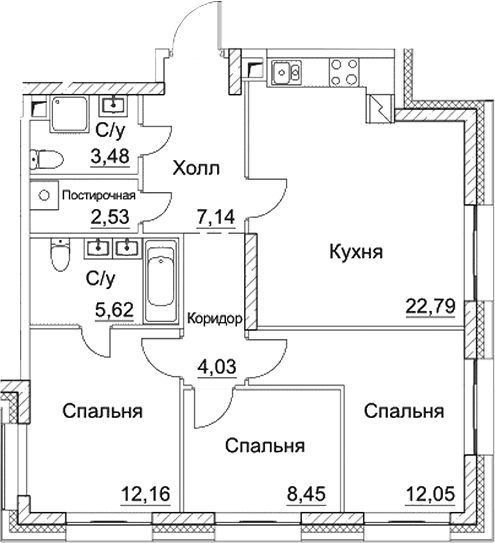 Планировка: Квартира евро-4 78,3 м² в ЖК «СЕЗАР СИТИ»