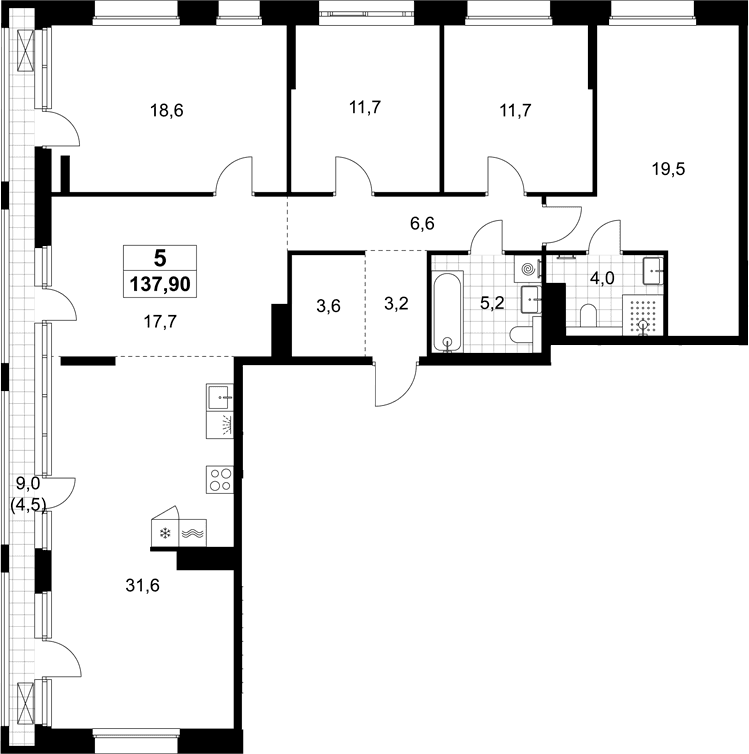 Планировка: Квартира евро-5 133,4 м² в ЖК «Хольм»