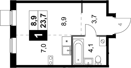 Планировка: Студия 23,7 м² в ЖК «1-й Ясеневский»