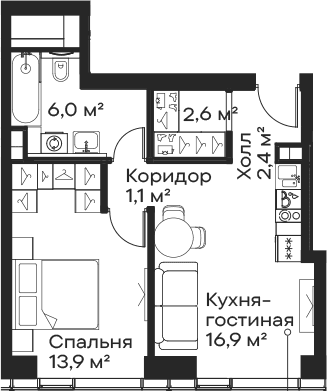 Планировка: Евродвушка 42,9 м² в ЖК «Сити Бэй»