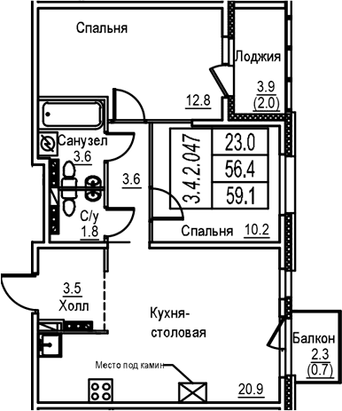 Планировка: Евротрёшка 56,4 м² в ЖК «Экография»