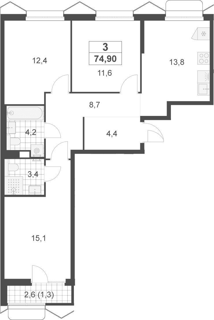 Планировка: 3-комнатная квартира 73,6 м² в ЖК «Деснаречье»